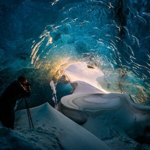 amazing photo taken from inside an ice cave